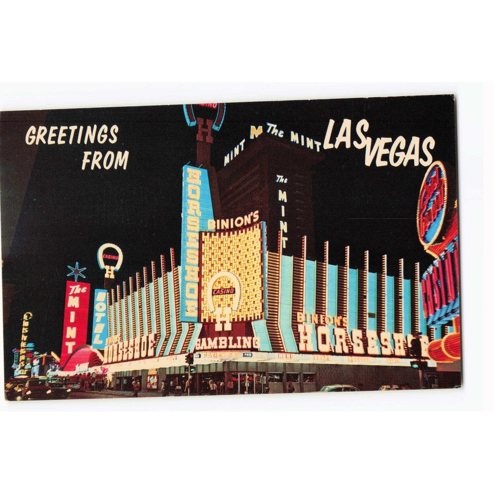 Vintage Las Vegas Horseshoe Casino The Mint Neon Night View Postcard Chrome